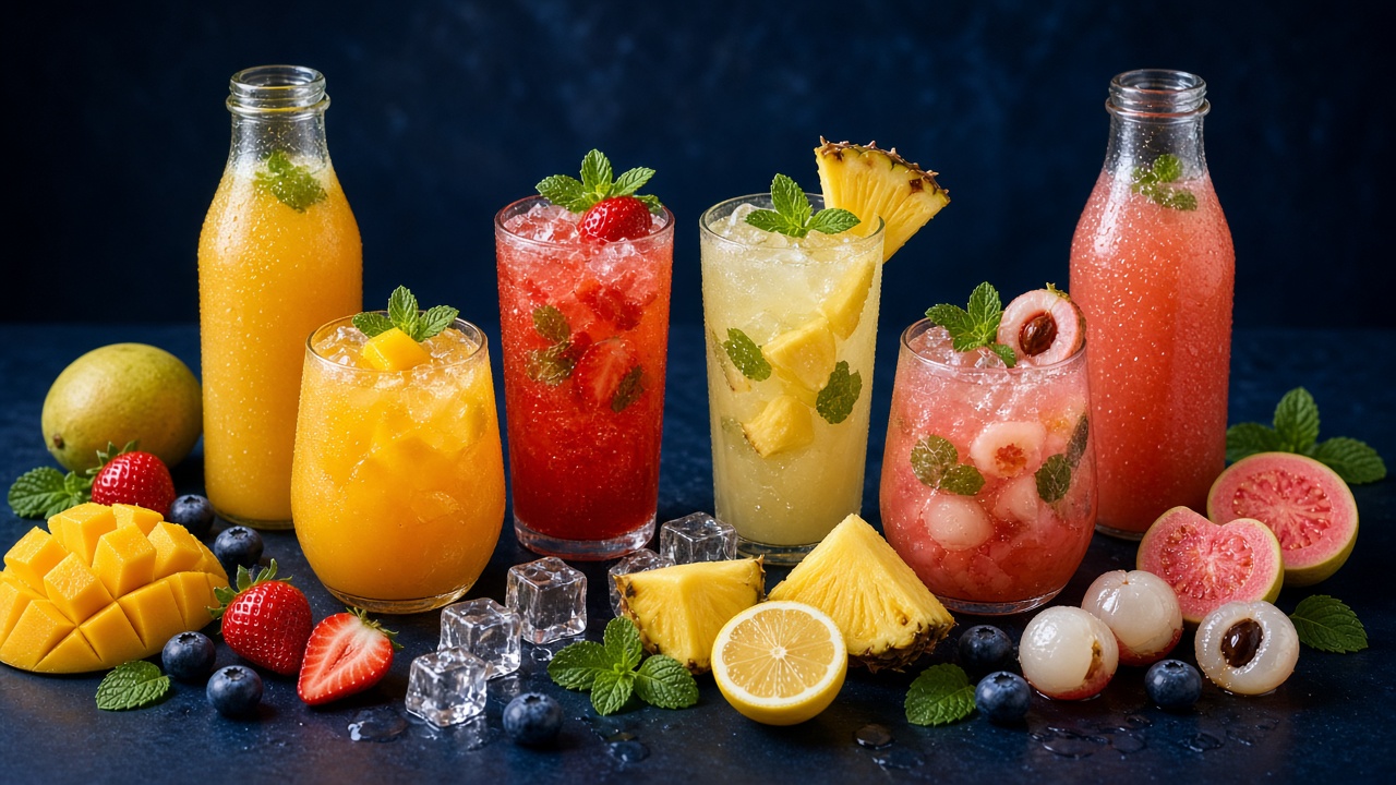 Colourful flavour drinks with fresh fruit