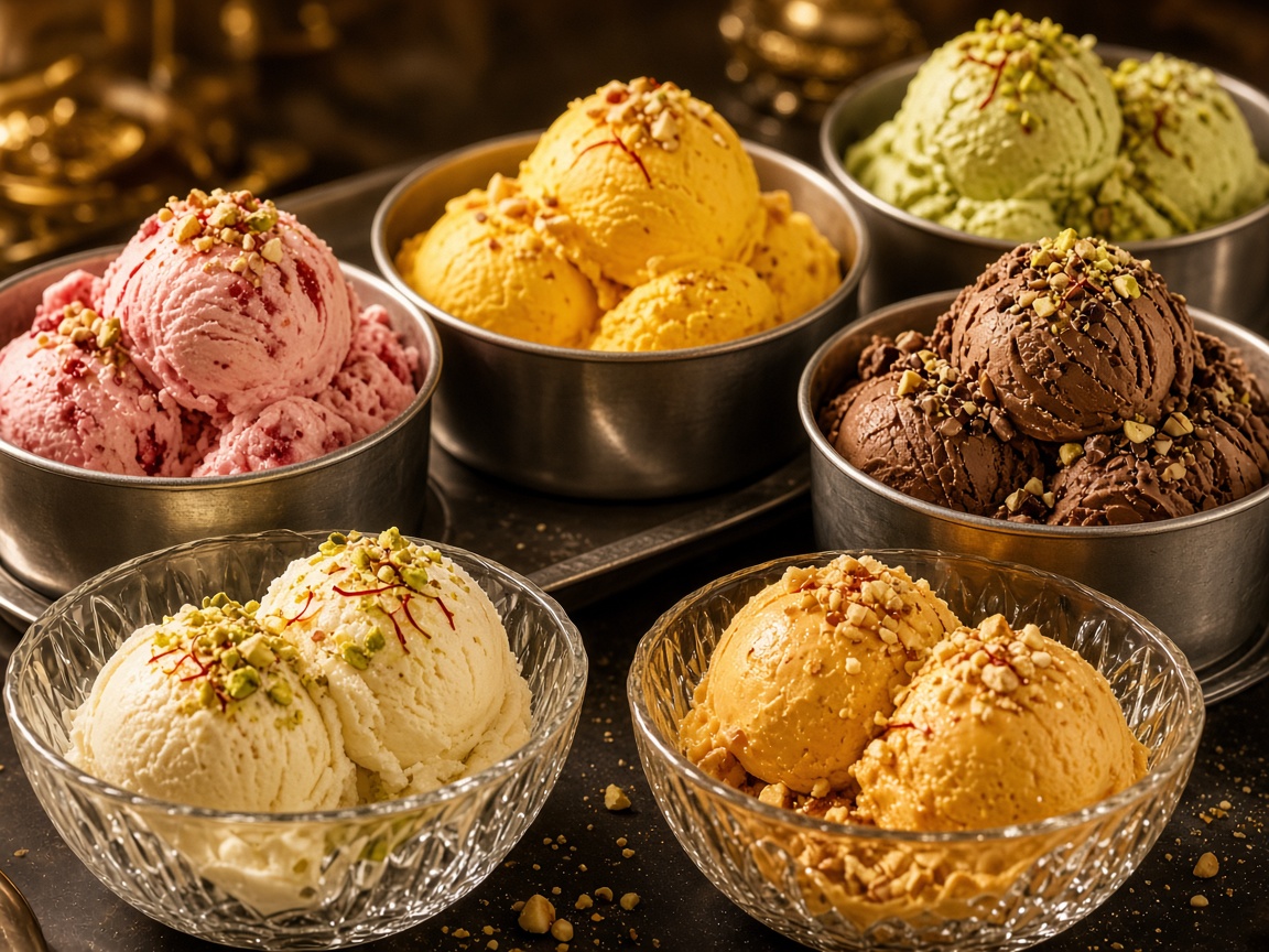 Scoops of ice cream in glass bowls