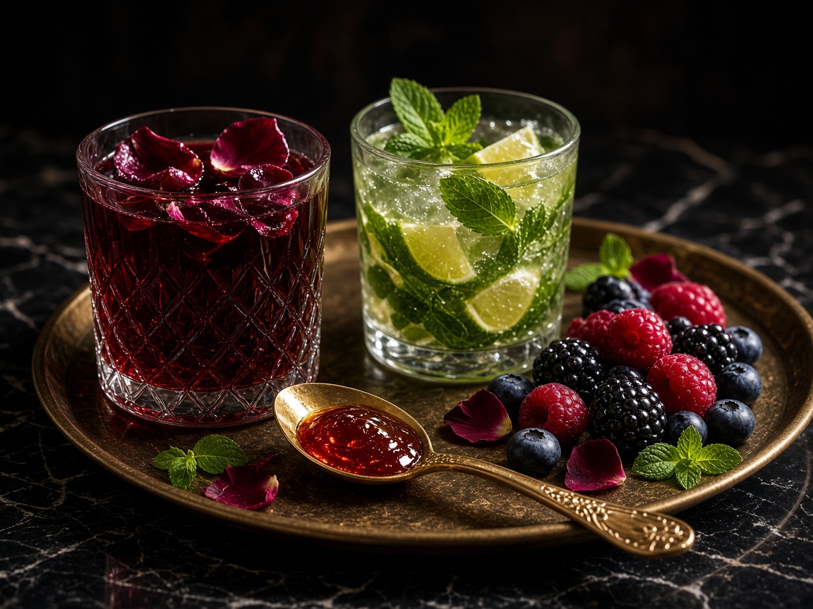 Premium syrups with berries, mint and rose