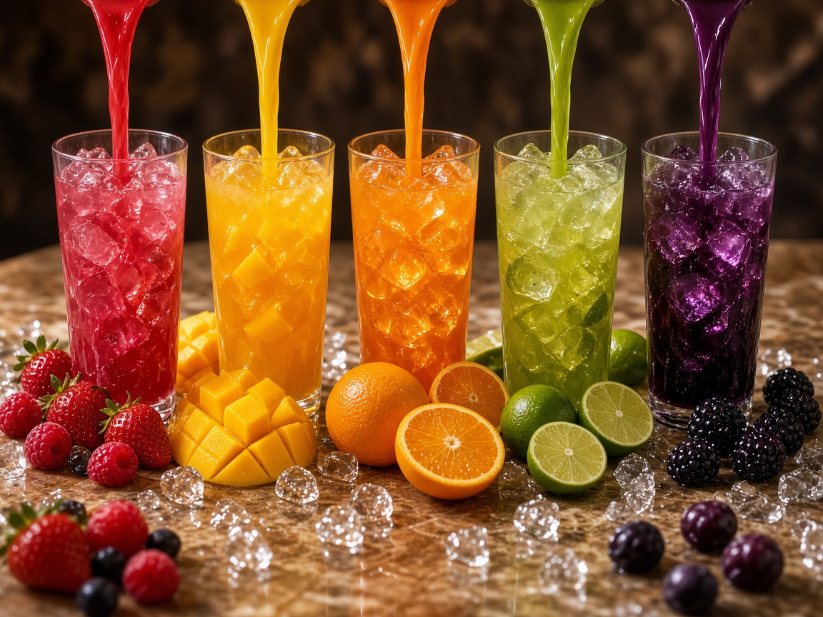 Colourful syrups poured into glasses